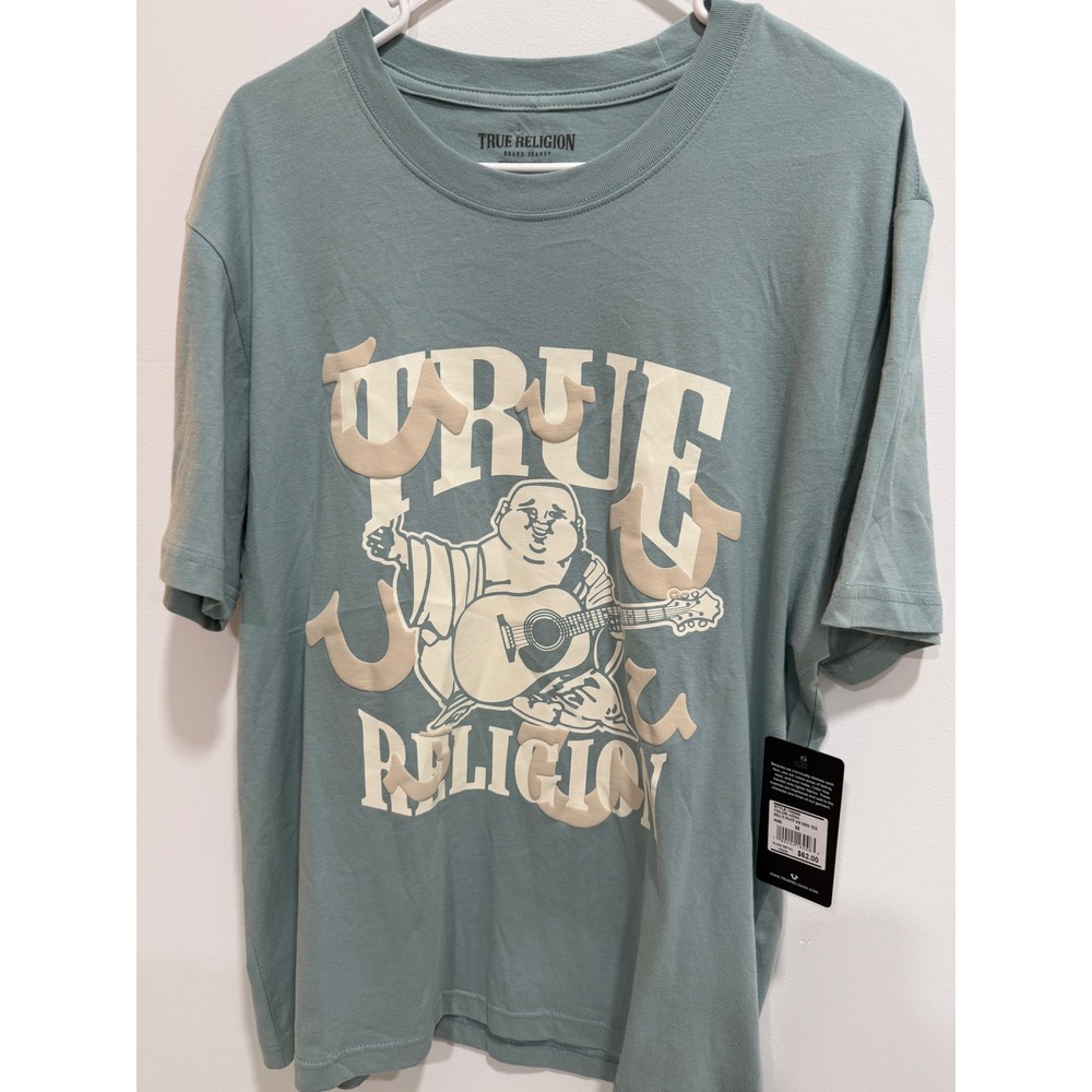 True Religion Mens Buddha Guitar Puff Print Graphic T-Shirt Blue Green Medium - Picture 5 of 6
